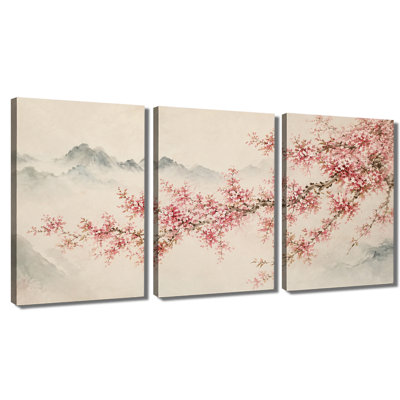 3‑panel wall art Cherry Blossom Chinese Ink Mountain Wrapped Canvas Print