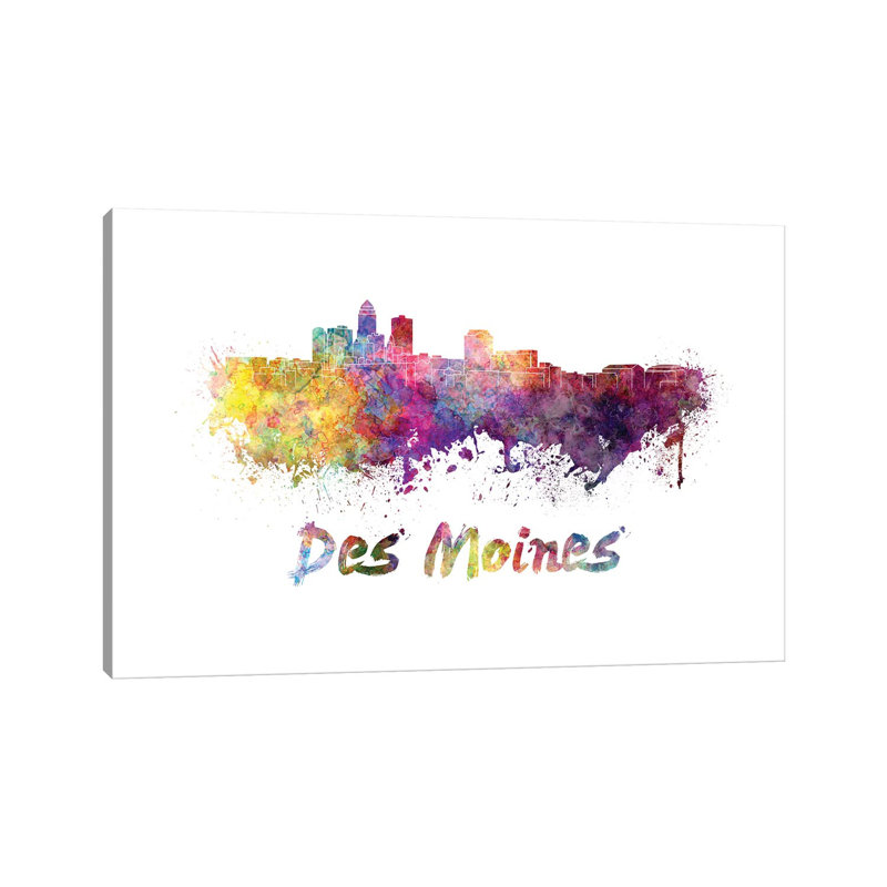 Des Moines Skyline in Watercolour 1 Piece Wrapped Canvas Wall Art, 30.48cm H x 45.72cm W x 1.91cm D