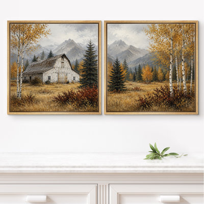 Rustic Autumn Cabin Landscape With Golden Trees And Mountain View Framed Canvas Master Bedroom Wall Art Work 2 Pieces Print Set