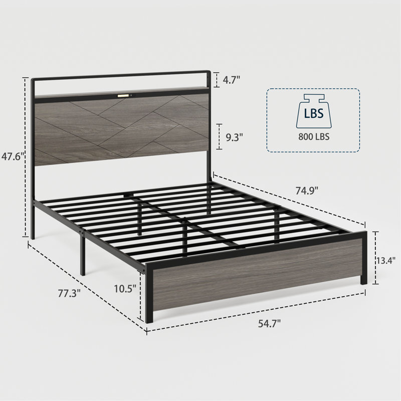 Bed Frame, Wooden Platform Bed Frame With Storage LED Light Headboard And 2 USB, No Noise, Large Underbed Storage, No Box Spring Needed, Easy Assembly