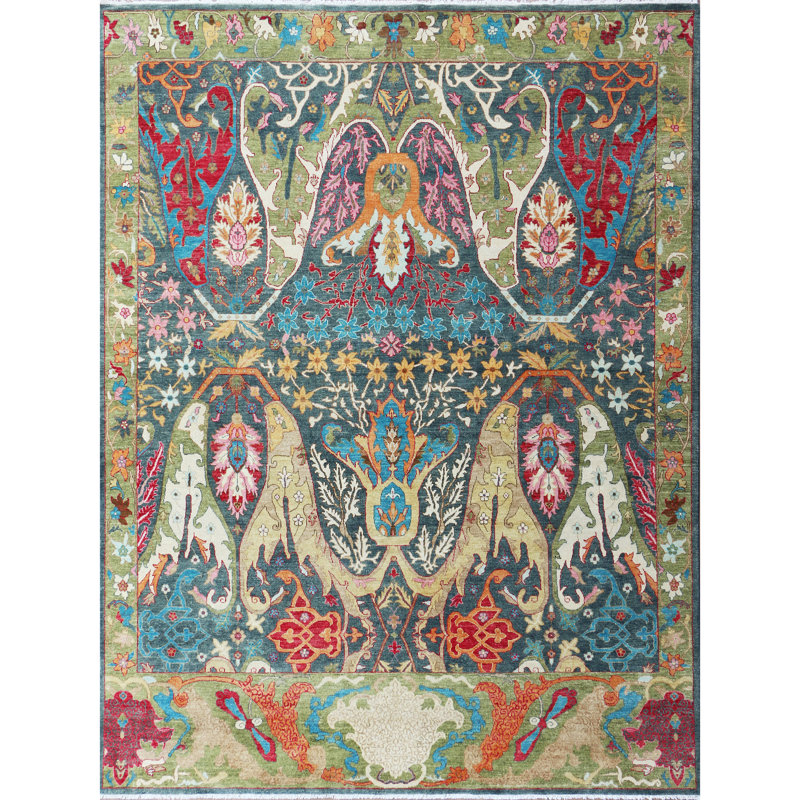 Hand Knotted Wool Area Rug in Dark Gray/Green/Red/Blue, Rectangle 9' x 12'