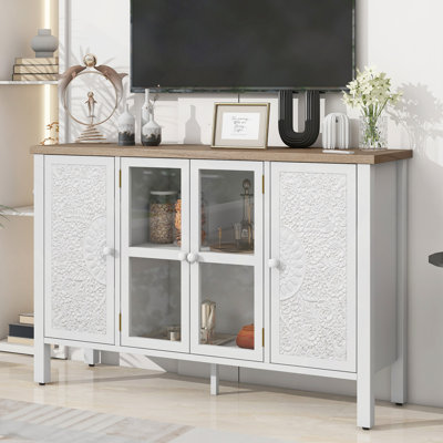 Meuble télé 47,2 po pour téléviseur de 43 po et moins, meuble multimédia avec 3 armoires spacieuses, portes vitrées et dispositif anti-basculement pour le salon