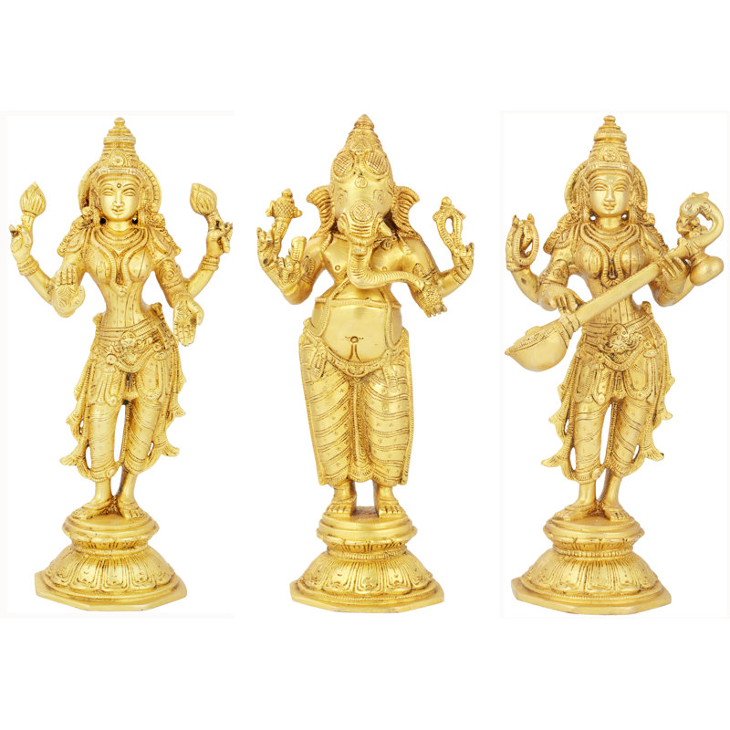 Ensemble de 3 statues Lakshmi Ganesha et Saraswati, Or