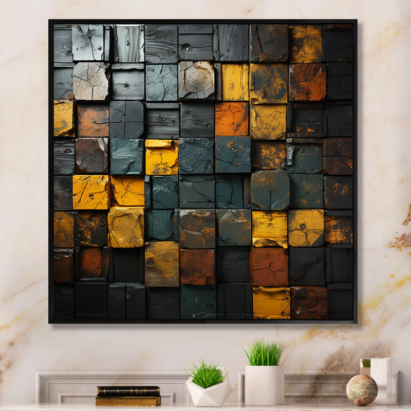 Cubes dorés abstraits géométriques I - art mural géométrique, Cadre flottant noir, H 16 po x l 16 po