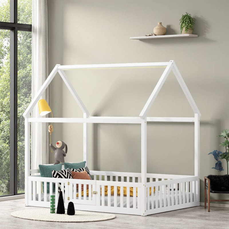 Lit-maison en bois de pin blanc enchanté avec clôture et porte de jeu, Blanc