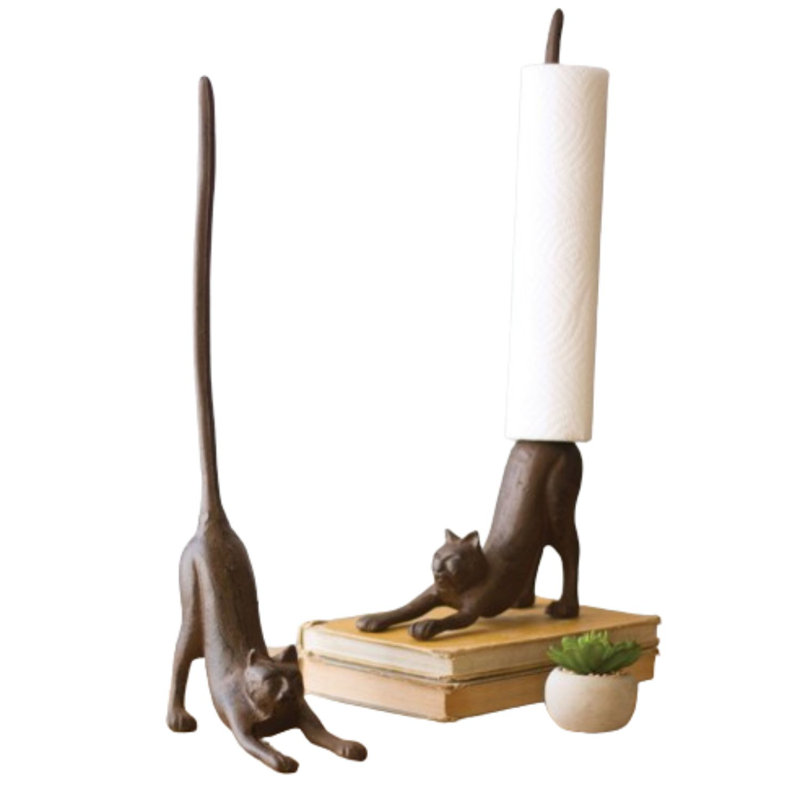  Cast Iron Cat Paper Towel Holder – 18" Tall Rustic Brown Decorative Accent