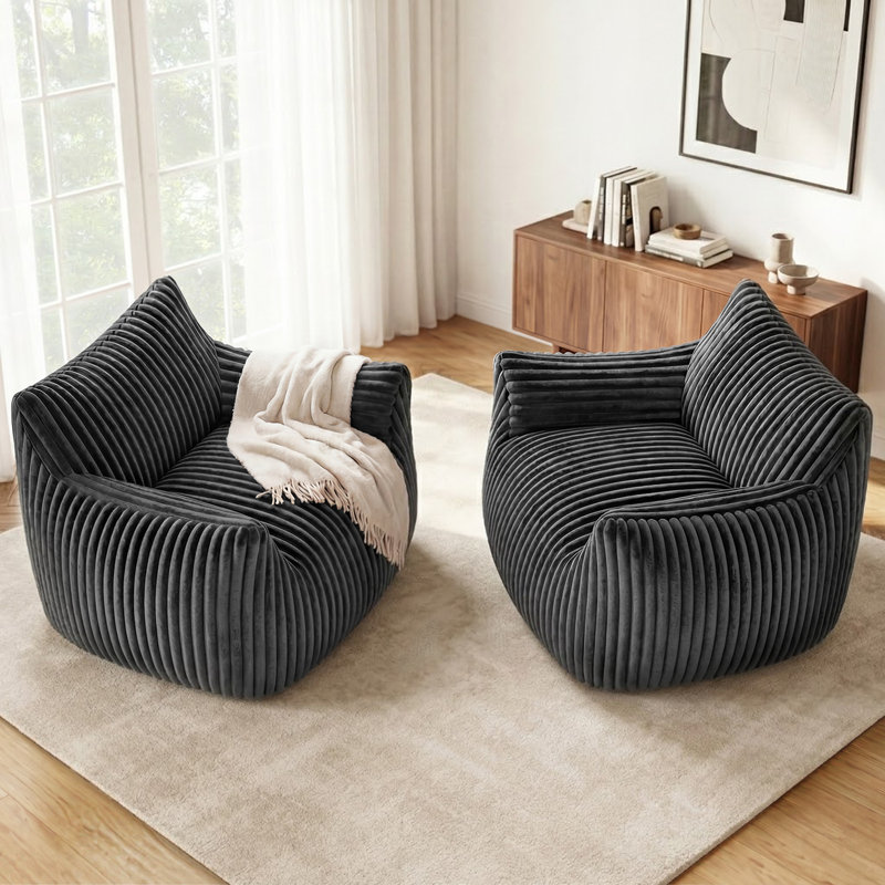 Set of 2 Oversized Compression Corduroy Foam Bean Bag Chair, Gray