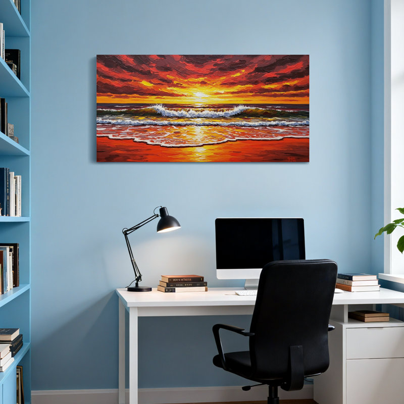 Nautique et plage, coucher de soleil, océan, vagues, ciel, réflexion, art sur toile, H 24 po x l 48 po