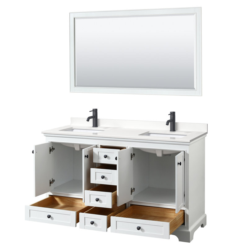 Meuble-lavabo double autoportant Deborah avec plateau en quartz, WDX13627, Blanc, Chrome poli