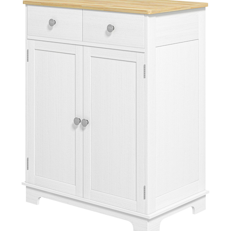 Kitchen Cabinet Sideboard - Solid Wood Countertop In Distressed White With 2 Drawers, Doors, And Adjustable Shelf For Practical Function Top Modern