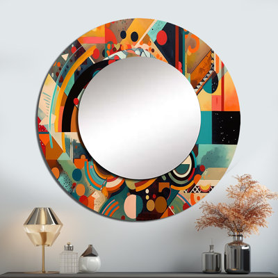 Odeth Orange And Blue Geometric Vibrations I - Geometric Decorative Mirror, Modern Wall Mirror, Printed Metal Art