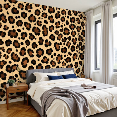 Peel and Stick Wallpaper Leopard Print Beige Wall Murals 100"H x 144"W Removable PVC Wall Paper Self-Adhesive Wall Decor for Bedroom Living Room Home Office
