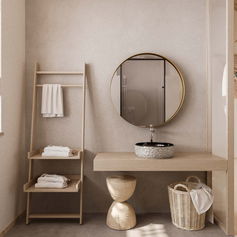 Armoire à pharmacie ronde avec cadre en métal 31,5 pouces avec miroir et tablettes réglables, Doré