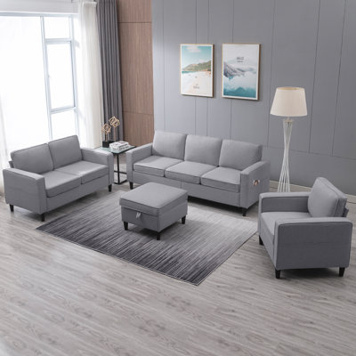 4-Piece Modern Modular Living Room Set with Storage Ottoman, Upholstered Sectional Sofa & Loveseat for Small Spaces, Linen Blend Light Gray