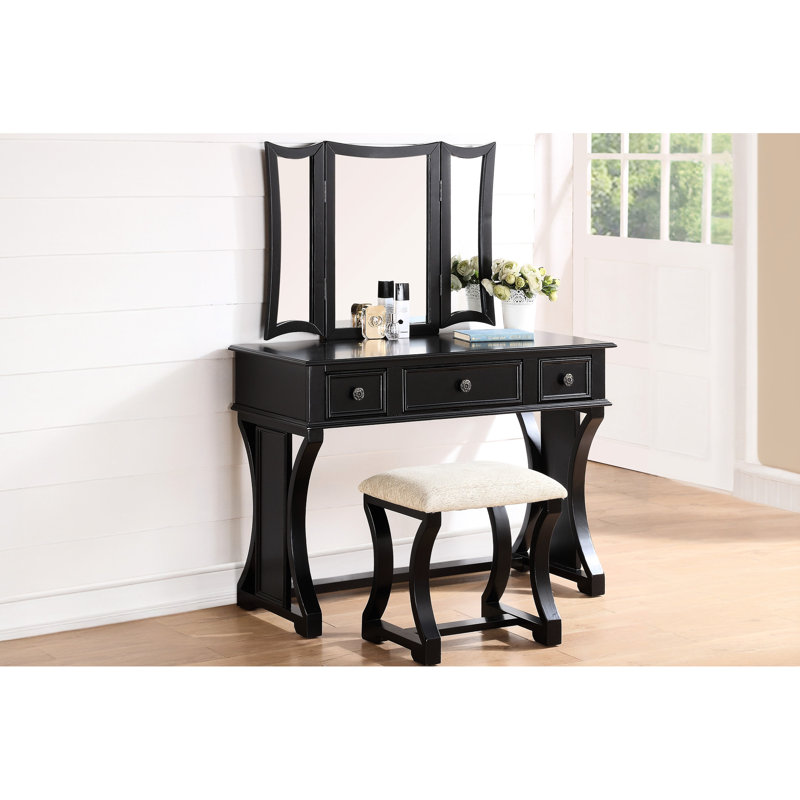 Modern Bedroom Vanity In Black With Stool, 3 - Drawer Table And Foldable Mirror, Pine Frame, Particle Board , 43"X19"X54" Size Contemporary W/ Drawers Wood, Veneer, 43X19x54 Inches