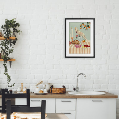 Petit déjeuner avec un oiseau cockatiel, reproduction encadrée sous verre, design par Florentina Dolci