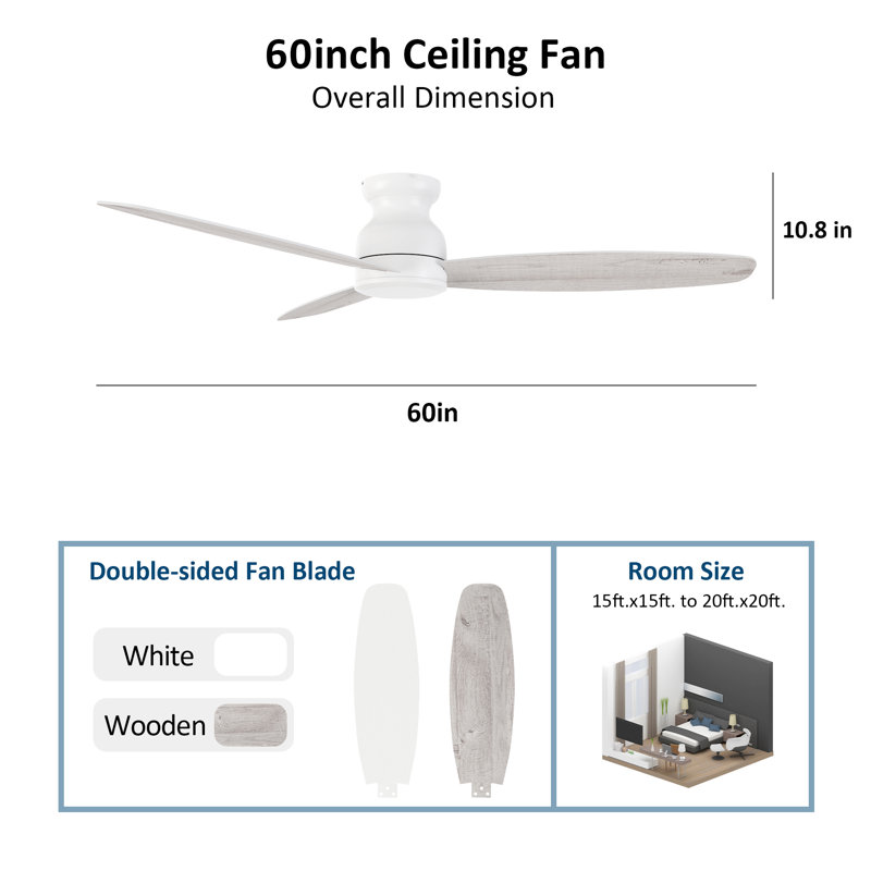 Ventilateur de plafond encastré 3 lumières Furness, L 60 po, Blanc / bois clair