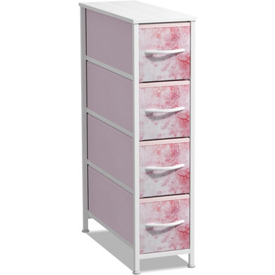  Commode étroite 4 tiroirs avec structure en acier, plateau en bois et bacs en tissu teinté