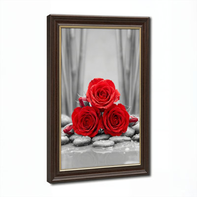 Art mural antique sur toile encadré doré pour le salon, la chambre à coucher, le bureau ou le vestibule - Décoration murale décorative avec roses rouges