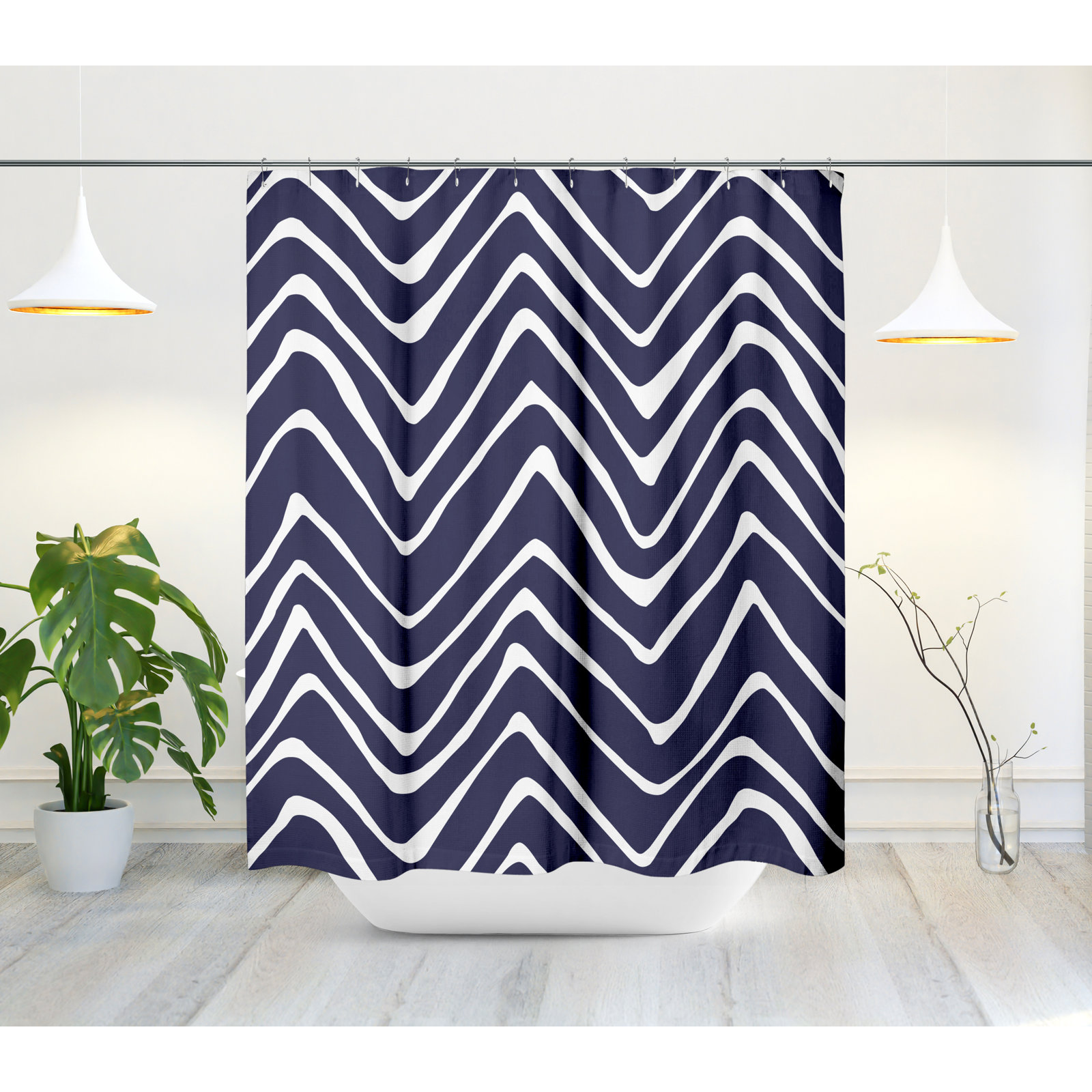 Polyester Shower Curtain, Navy Blue/White
