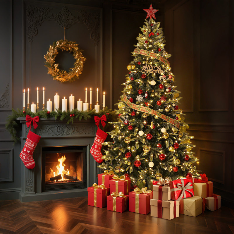 Arbre de Noël artificiel pré-éclairé 6,5 / 7,5 pi avec lumières DEL 310/450, branches réalistes en PE + PVC, conception à charnière ignifuge avec support en métal