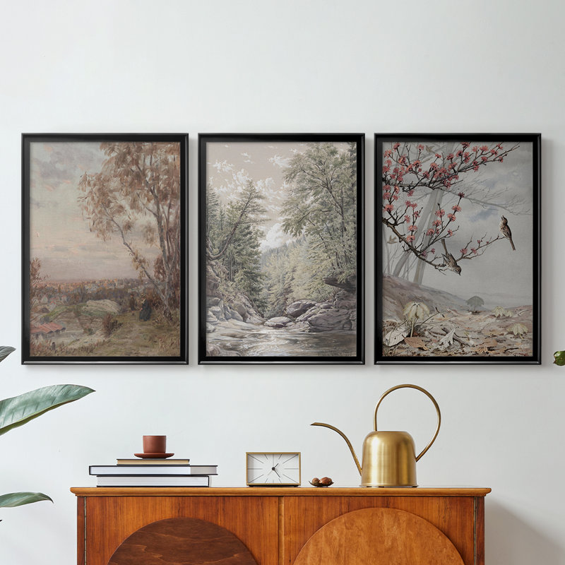 Paysage rétro Cxxxxi - Toile tendue avec châssis sur mesure - 3 pièces, H 21 po x l 30 po, Noir