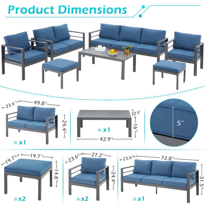 Ensemble de conversation d'extérieur 9 personnes avec coussins Raenelle, Bleu