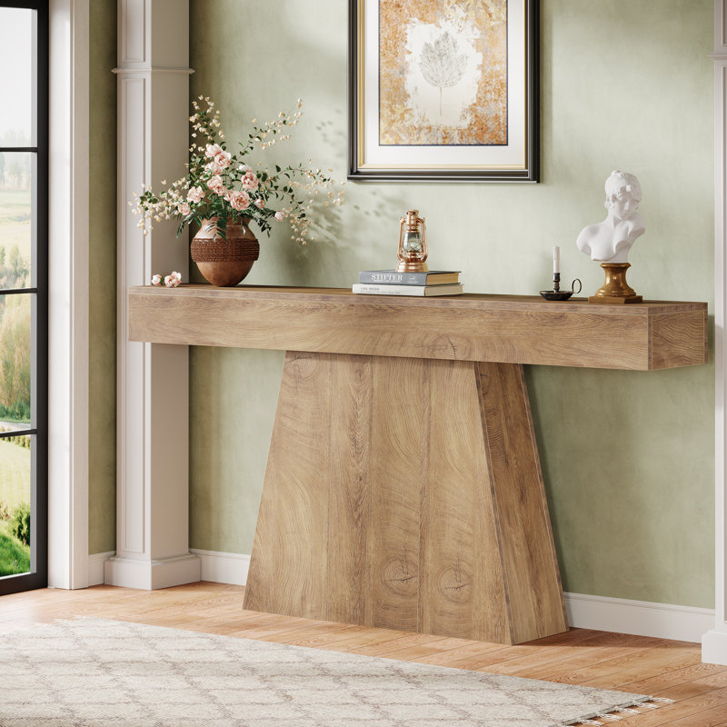 Console 63 po, table d'entrée noire avec base trapézoïdale, canapé long et étroit, Brun