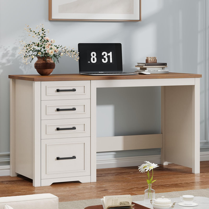 Farmhouse 49” Executive Desk With File Drawer, 4 Drawers Reversible Computer Desk, Natural/White