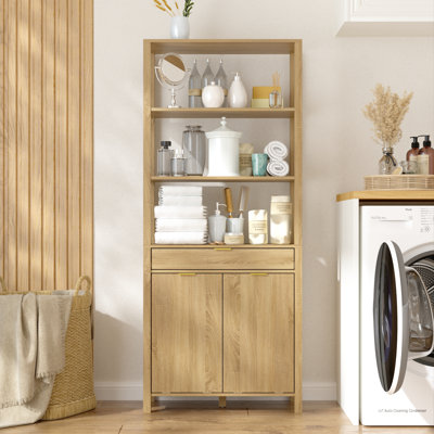 Grande armoire à linge imperméable avec 2 paniers inclinables et un tiroir, organisateur de tablettes ouvertes, finition chêne, H 70,8 po