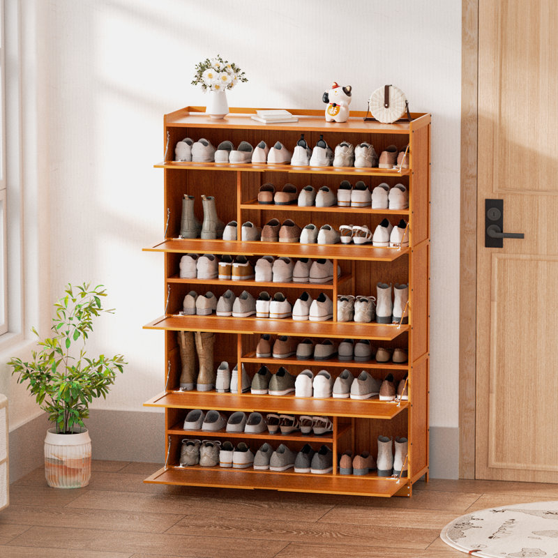 10-Tier Bamboo Shoe Cabinet with Wide Countertop, 46 Pairs Heels Boots Shoe Rack for Hallway Entryway