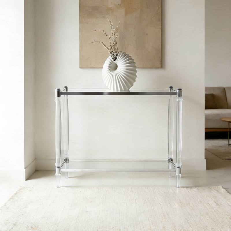 Simple acrylic transparent glass console table, Clear/Silver, 31.5" H x 39.37" W x 13.78" D
