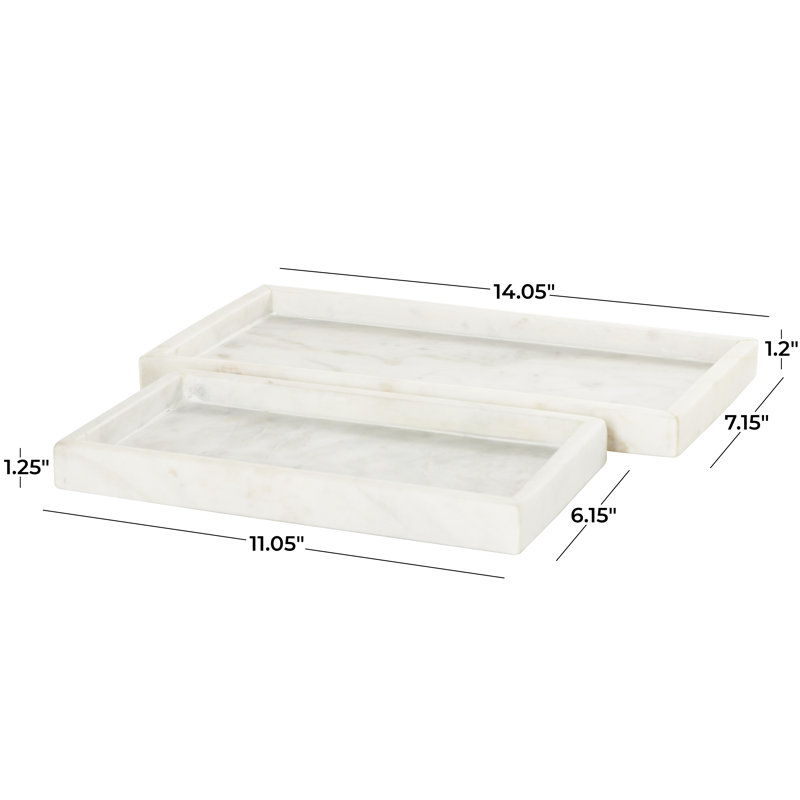 Marble Decor Tray with Raised Border Set, White, 1.2" H x 14.05" W x 7.15" D
