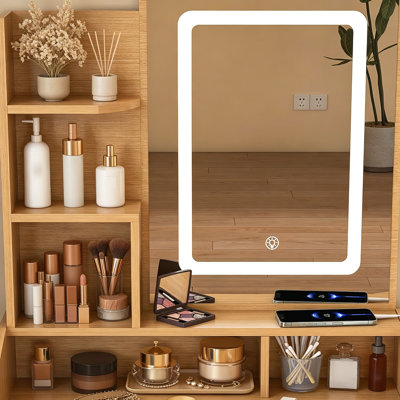 Coiffeuse avec miroir éclairé par DEL, prise électrique, support pour sèche-cheveux et tabouret, meuble de toilette compact pour petites chambres, en bois