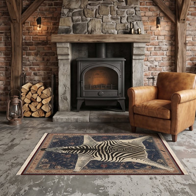 Tapis zébré bleu marine à imprimé traditionnel