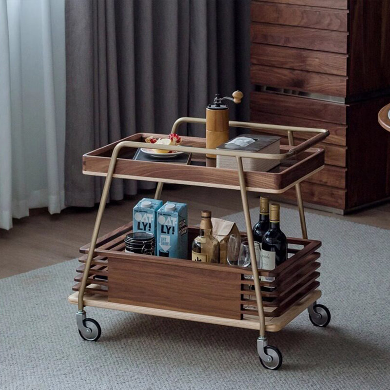 Chariot de service mobile double couche creux en bois de frêne blanc de style Wabi-Sabi, 26,77 pouces, avec cadre en métal et roues universelles silencieuses