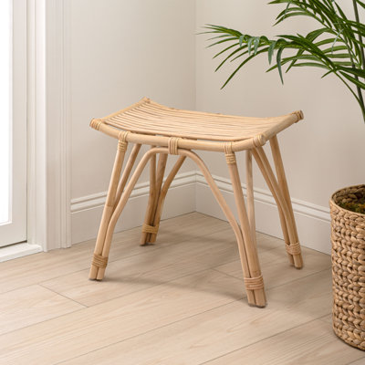 Gabriel 18" Handcrafted Natural Brown Rattan and Solid Teak Wood Backless Vanity Stool, Bohemian Accent Ottoman Footstool for Living Room