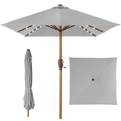 17 Stories 9Ft Deep Square Solar LED Lighted Patio Umbrella W/ Faux Wood Texture, UV-Resistant