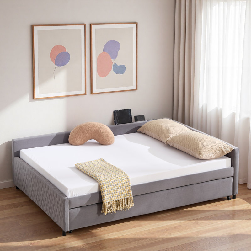 Upholstered Daybed With Trundle And Usb, Gray