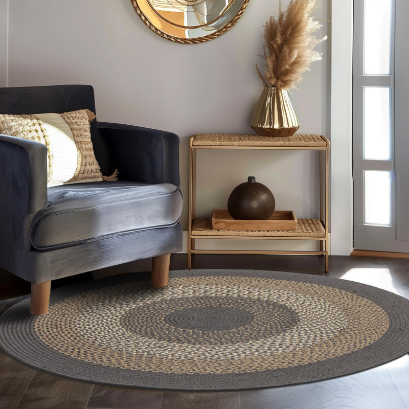 Tapis gris anthracite / brun / blanc tressé à la main Enika, Rond 4 pi
