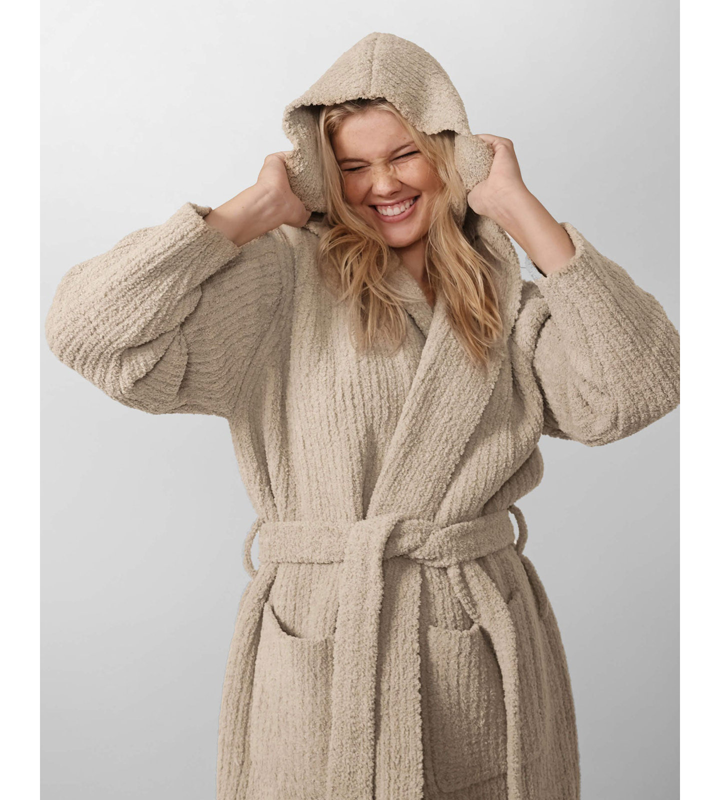 Ribbed Hooded Robe, S / M, Biscotti