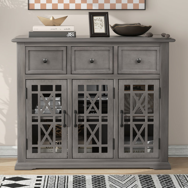 Armoire d'appoint vintage à 3 portes, armoire d'entrée et console Zohe, Gris clair