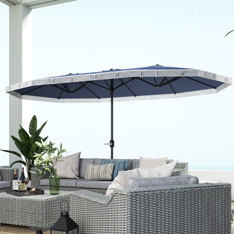 Parasol d'extérieur très grand 15 pi UPF30 + avec frange et manivelle, bleu foncé, Dark Blue