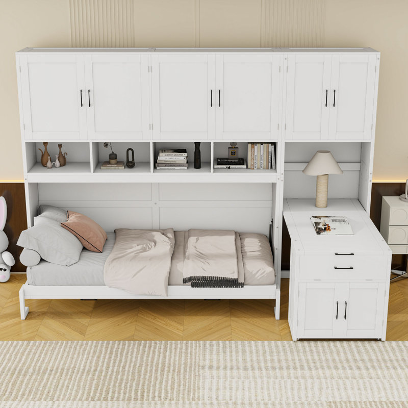 Lit escamotable simple avec tablettes de rangement intégrées et garde-robe, Blanc