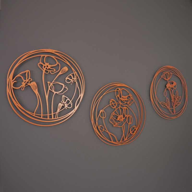 Poppy Flowers Metal Wall Art Set - 3 Piece, Copper