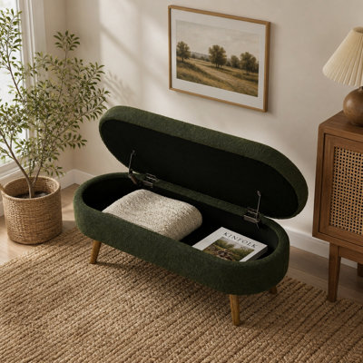 Banc de rangement repose-pieds ovale, pieds en bois d'hévéa