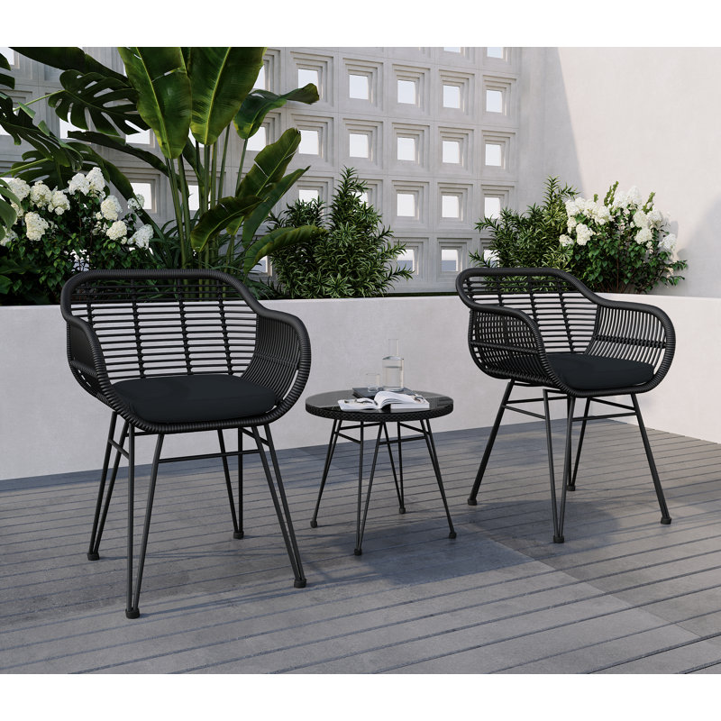 Buschi Round Wicker Rattan Patio Waterproof Seating Set with Cushions and Table, Black, White