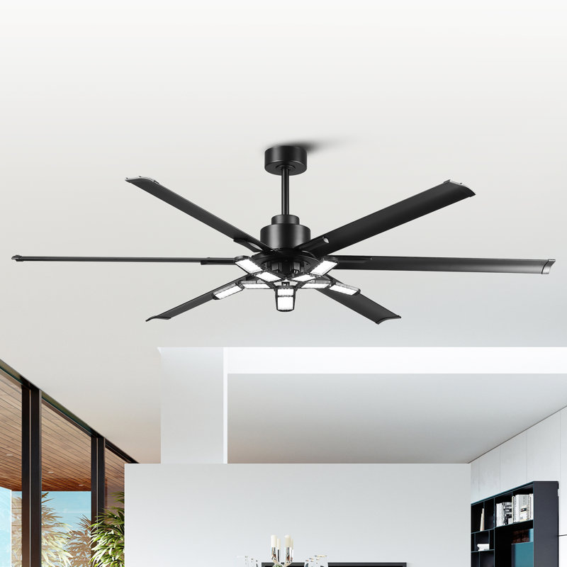 72" Modern Industrial Black Commercial HVLS Ceiling Fan with Foldable LED Lights and Remote Control, 6-Speed Reversible DC Motor, Timer, 6 Extra Large Aluminum Blades, 10"&24" Downrods Included