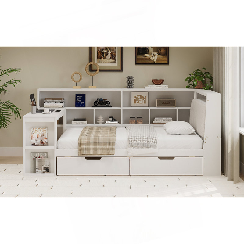 Full Size L-Shaped Wooden Daybed With Desk And Storage Bookcase, Corner Bed With Upholstered Headboard And Under-Bed Drawers And LED Light For For Bedroom Living Room