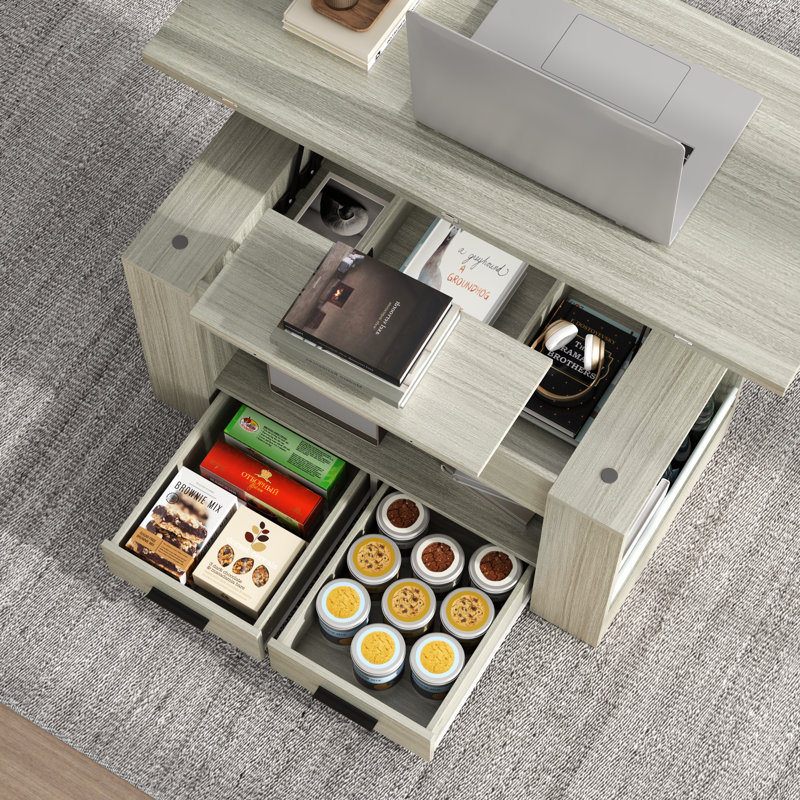 Table basse à plateau relevable, table basse multifonctionnelle 4 en 1 avec rangement, Gris
